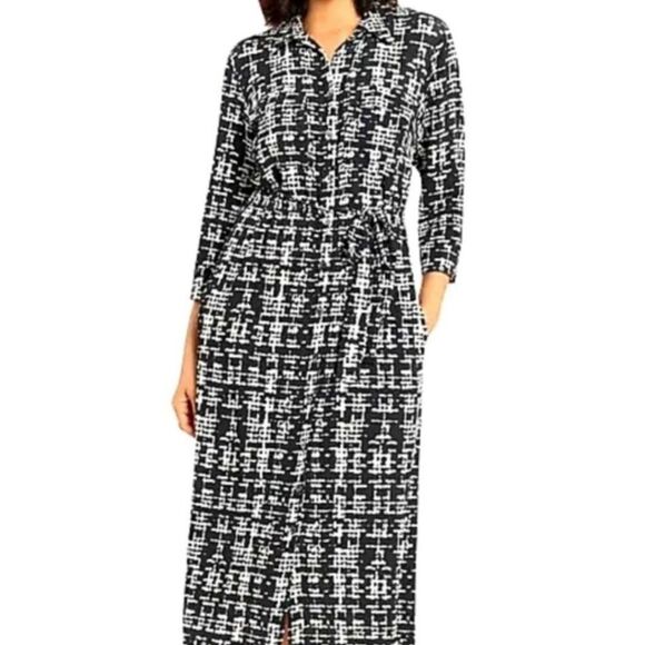 DONNA MORGAN | Crepe Black Cream Beige Graphic Print Shirt Dress Maxi | 14 - Picture 1 of 10
